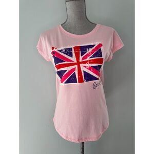 Y2k Cherokee Pink Union Jack Lovely Distressed Graphic Tee Shirt size Junior XL